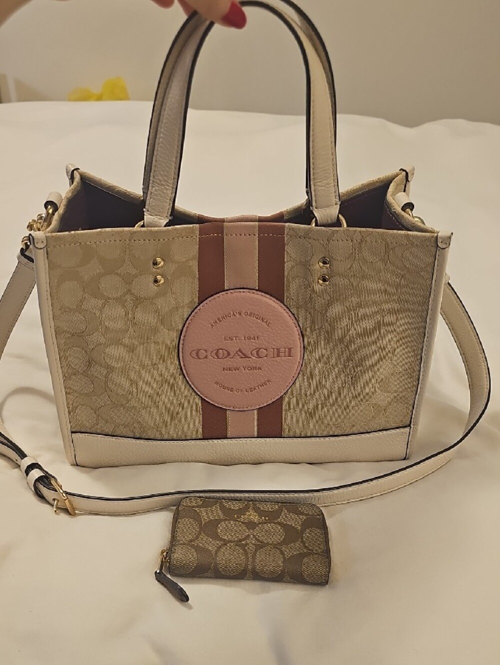 Coach Beige Signature Tote with Pink Stripe and Cream Trim - Picture 13 of 13